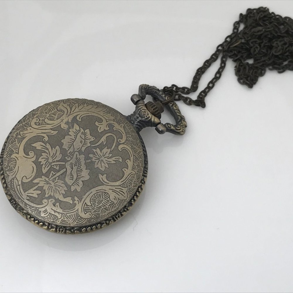 Pocket Watch Necklace Quartz Analog Brass Tone - Picture 3 of 12